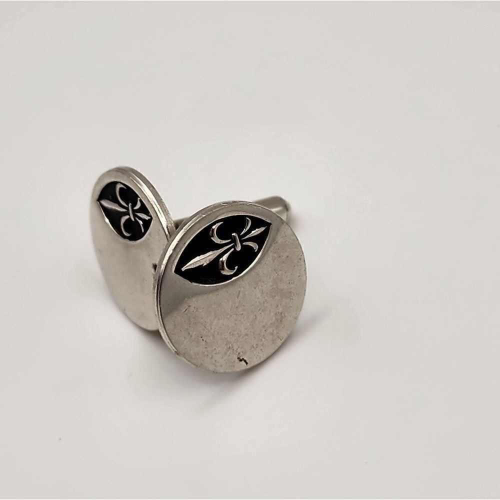 Cufflinks Silver Tone w/Black Accents Fancy Design Vintage Pair Shields Signed